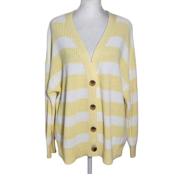 Old Navy Yellow and White Stripe Cardigan Size XL Preppy Stripe Cardigan Sweater - Picture 1 of 9
